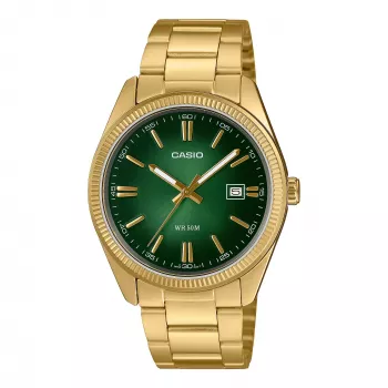 Casio Herrenuhr MTP-1302PGC-3AVEF Analog Quarz Uhr, Goldfarbenes Edelstahlarmband mit grünem Zifferblatt