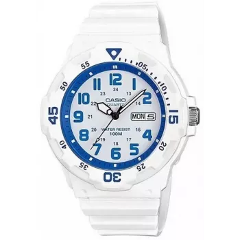 CASIO MRW200HC7B2VD Herren Analog-Quarzuhr mit Datums- und Wochentagsanzeige, 100m Wasserdichtigkeit, Resinband, weißes Zifferblatt, blau/rote Lünette