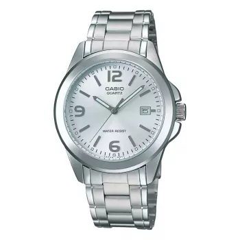 Casio MTP-1215A-7A Herren Analog-Quarzuhr mit Edelstahlband, silbernem Zifferblatt, 38,4 mm Gehäuse, Datums- und Wochentagsanzeige, 50 m Wasserdichtigkeit