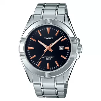 CASIO MTP-1308D-1A2 Herren Analog Quarzuhr, 48,9 mm, schwarzes Zifferblatt, silbernes Edelstahlband