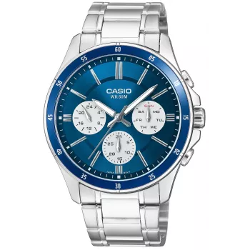 Casio MTP-1374D-2A3 Herren Analog Quarzuhr mit Edelstahlband, blauem Zifferblatt, Datumsanzeige, 50m Wasserdichtigkeit
