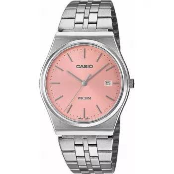 Casio MTP-B145D-4AVEF Herren Analog Quarzuhr mit Edelstahlband, Lachsfarbenem Zifferblatt, Silbernem Gehäuse, 50m Wasserdichtigkeit