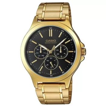CASIO MTP-V300G-1AUDF Herren Analog Quarzuhr, 47mm Goldfarben Ionenplattiertes Edelstahlgehäuse, Schwarzes Zifferblatt, Datums- und Wochentagsanzeige
