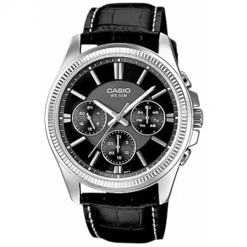 CASIO MTP1375L1AVDF Herren Analog Quarzuhr mit Lederarmband, schwarzes Zifferblatt, 42 mm