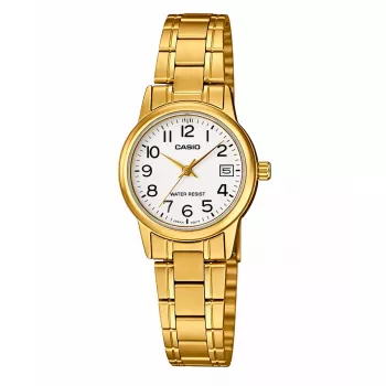 CASIO Damen LTP-V002G-7B2 Analog-Quarzuhr, 31 mm Gold ionenplattiertes Edelstahlgehäuse, silbernes Zifferblatt, Armband