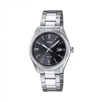 CASIO Damen Analog-Quarzuhr LTP1302PD1A1V, Silbernes Edelstahl, Schwarzes Zifferblatt, 50m Wasserdichtigkeit