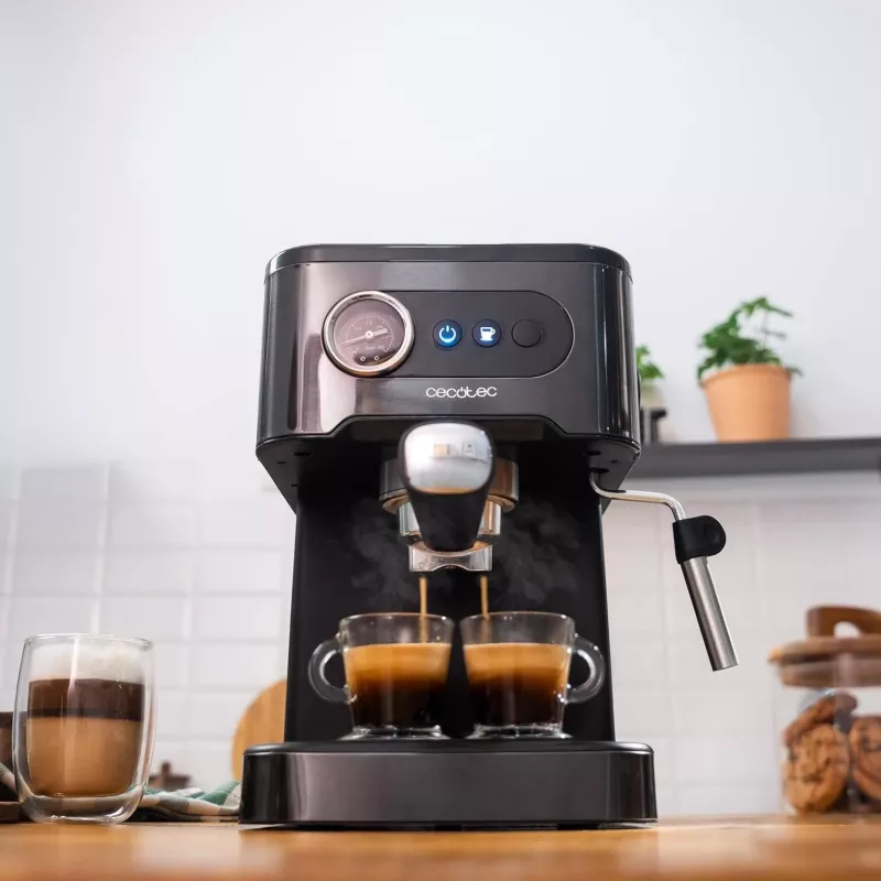 Cecotec Power Espresso 20 Pro Latte Kaffeemaschine, 20 Bar Pumpendruck, integrierter Milchaufschäumer, halbautomatisch, Schwarz, 1350 W