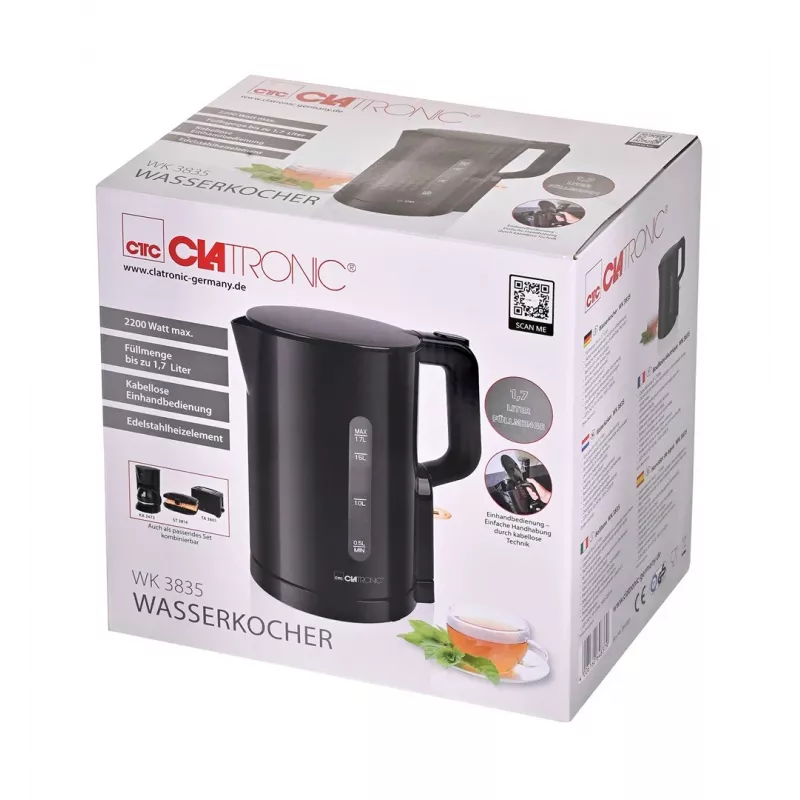 Clatronic WK 3835 Kabelloser Wasserkocher 1,7 l 2200 W Schwarz Kunststoff