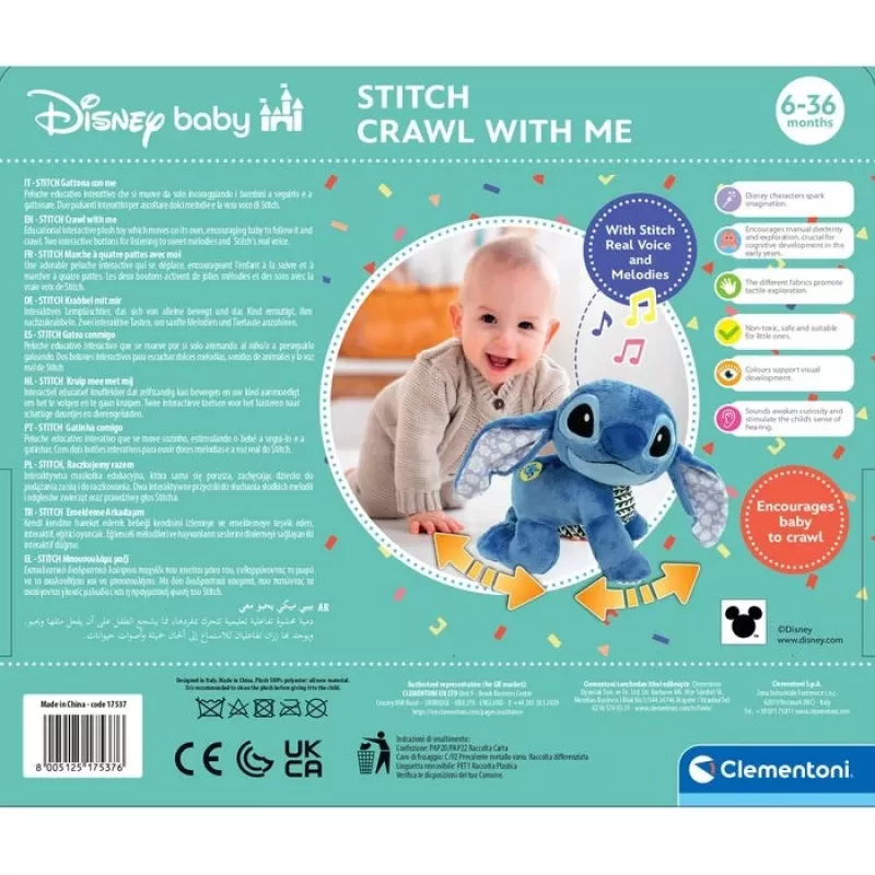 Clementoni Disney Baby Stitch We Crawl Together Plüschtier, Blau, 25 cm, ab Geburt