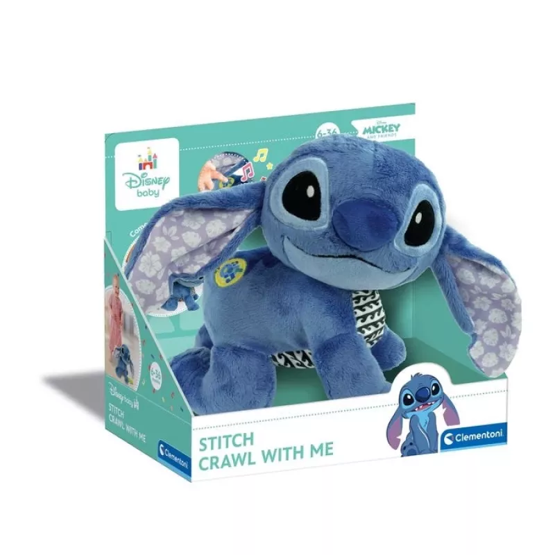 Clementoni Disney Baby Stitch We Crawl Together Plüschtier, Blau, 25 cm, ab Geburt