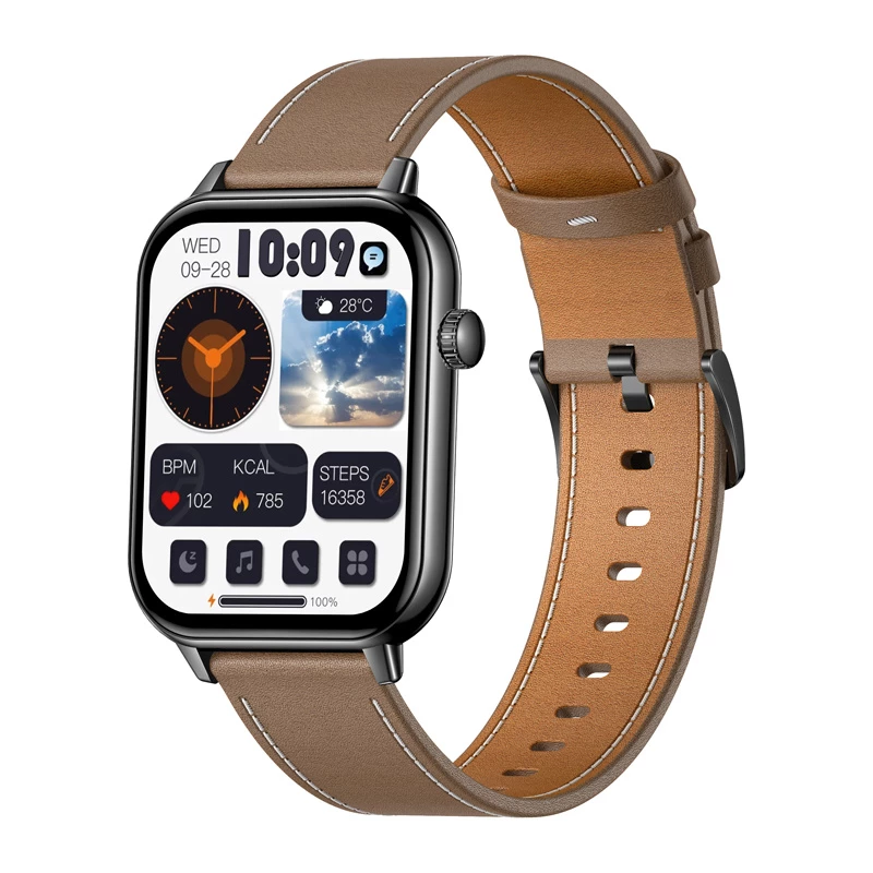COLMI C28 Smartwatch – Schwarz + Braunes Lederarmband