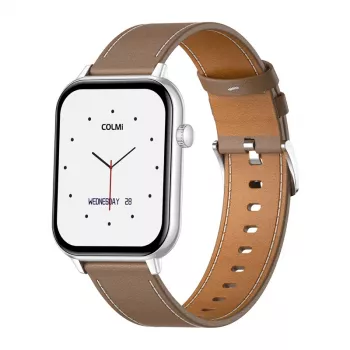 COLMI C28 Smartwatch – Silber + braunes Lederarmband