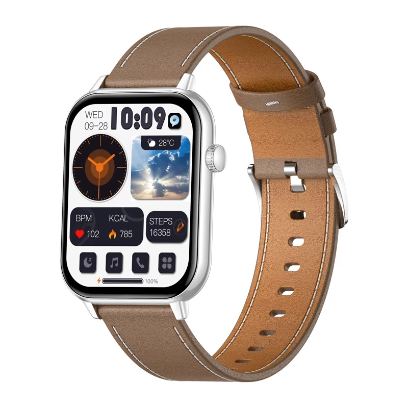 COLMI C28 Smartwatch – Silber + braunes Lederarmband