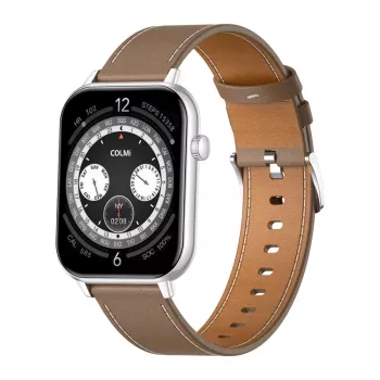COLMI C28 Smartwatch – Silber + braunes Lederarmband
