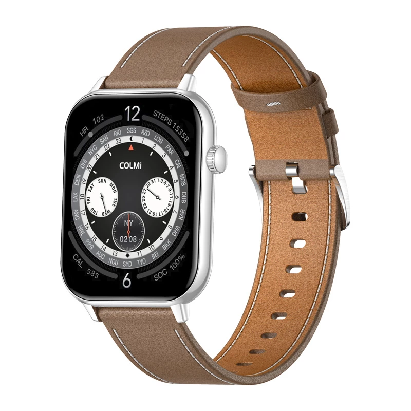 COLMI C28 Smartwatch – Silber + braunes Lederarmband