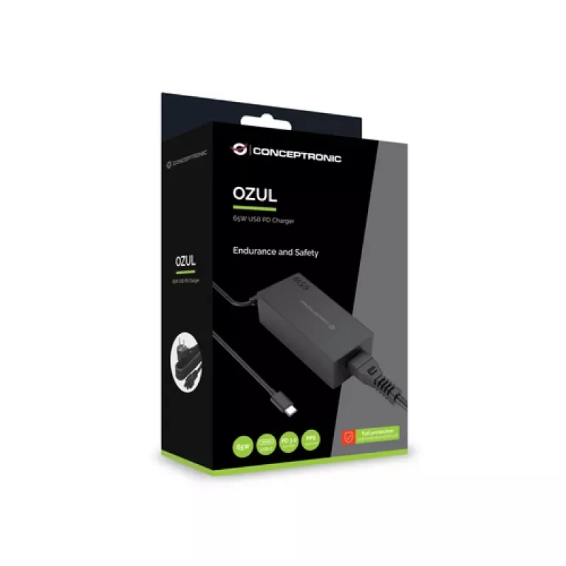 CONCEPTRONIC 65W GaN USB-C Ladegerät, 1 Port, PD3.0/PPS, Schwarz