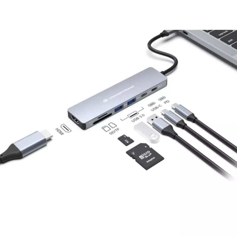 CONCEPTRONIC 7-in-1 USB-C Docking Station mit HDMI, USB-C PD, 2x USB-A, SD- & MicroSD-Kartenleser, 25 cm Kabel, Space Grey