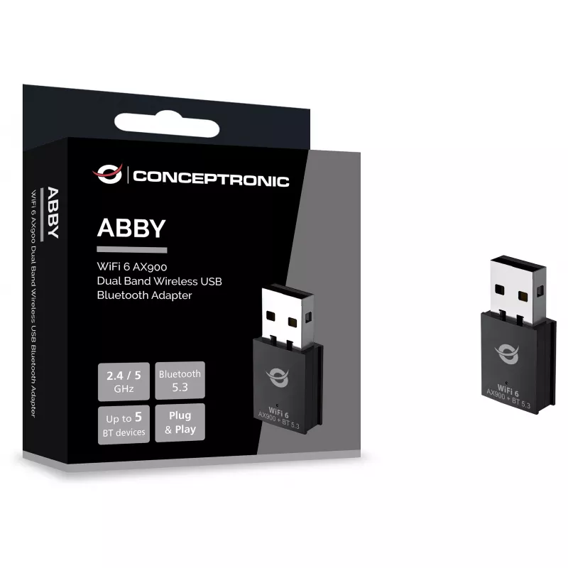 Conceptronic ABBY26B WiFi 6 AX900 Dual-Band USB & Bluetooth 5.3 Adapter