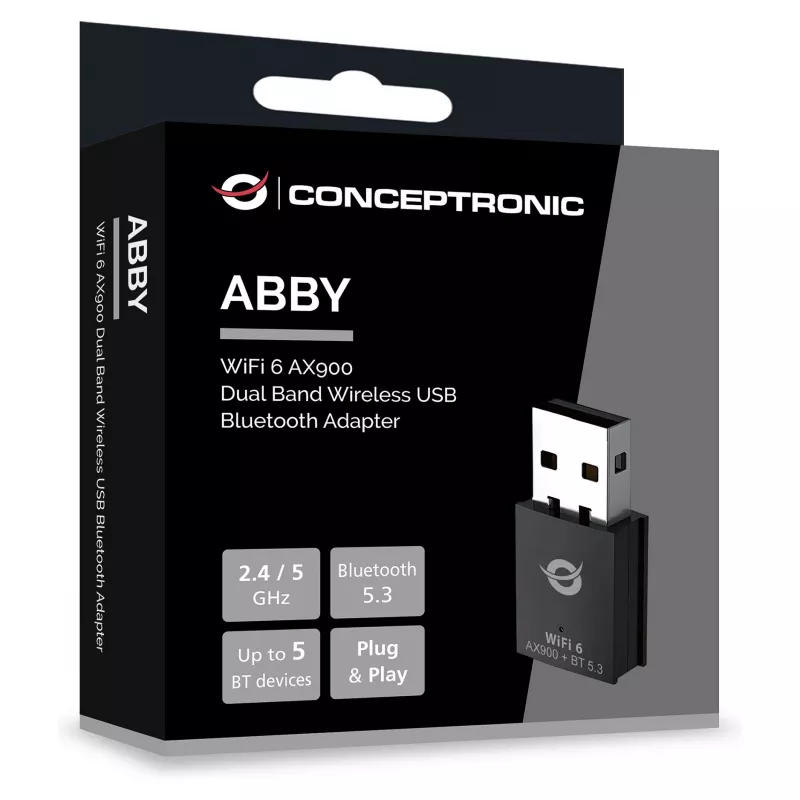 Conceptronic ABBY26B WiFi 6 AX900 Dual-Band USB & Bluetooth 5.3 Adapter
