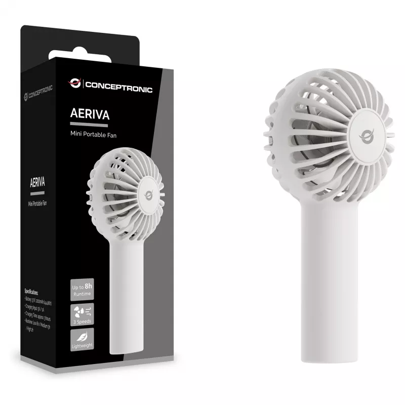 CONCEPTRONIC AERIVA01W Mini Ventilator tragbar Weiß – wiederaufladbar, 3 Geschwindigkeiten, USB-C