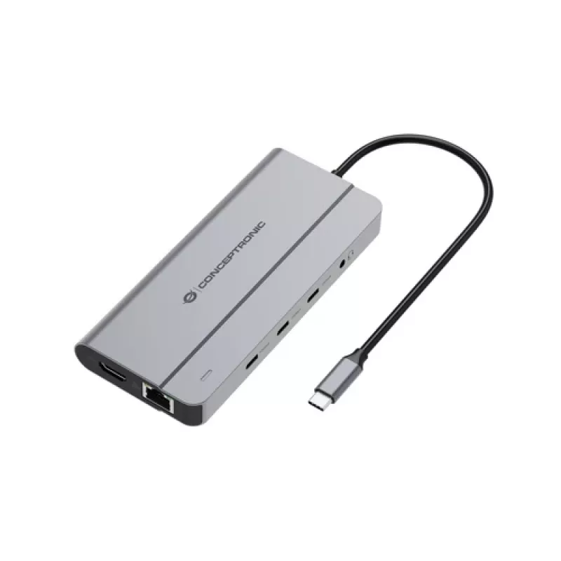 Conceptronic DONN34G 10-in-1 USB 3.2 Gen 2 MST Dockingstation, 4K60Hz HDMI, 8K30Hz DisplayPort, GbE, USB-C 10Gbps x 3, USB-A 480Mbps x 2, Audio, 100W USB PD