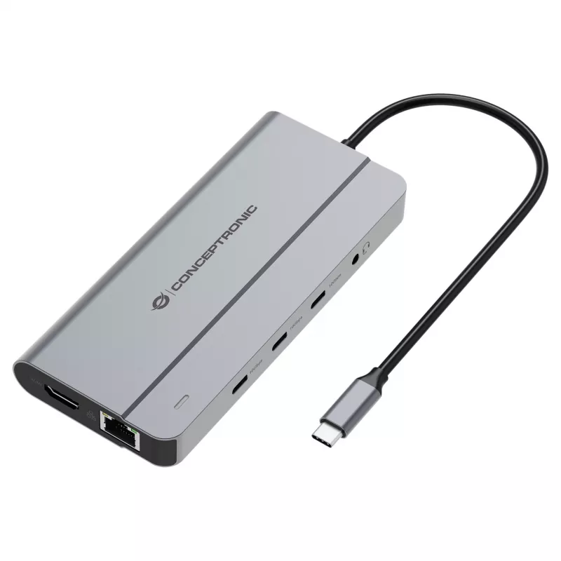 Conceptronic DONN34G 10-in-1 USB 3.2 Gen 2 MST Dockingstation, 4K60Hz HDMI, 8K30Hz DisplayPort, GbE, USB-C 10Gbps x 3, USB-A 480Mbps x 2, Audio, 100W USB PD
