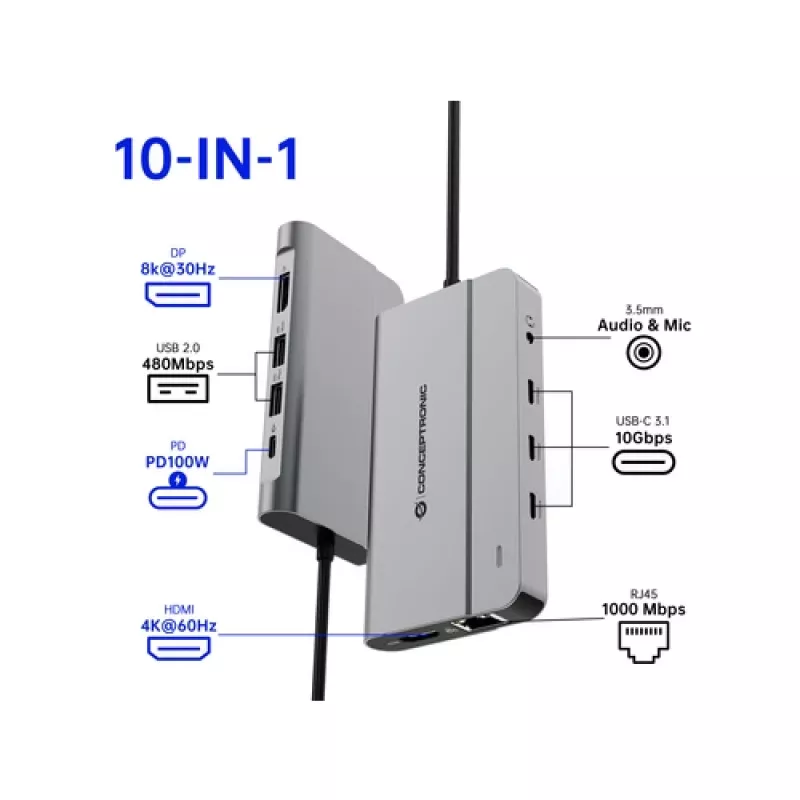 Conceptronic DONN34G 10-in-1 USB 3.2 Gen 2 MST Dockingstation, 4K60Hz HDMI, 8K30Hz DisplayPort, GbE, USB-C 10Gbps x 3, USB-A 480Mbps x 2, Audio, 100W USB PD
