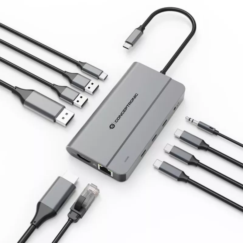 Conceptronic DONN34G 10-in-1 USB 3.2 Gen 2 MST Dockingstation, 4K60Hz HDMI, 8K30Hz DisplayPort, GbE, USB-C 10Gbps x 3, USB-A 480Mbps x 2, Audio, 100W USB PD