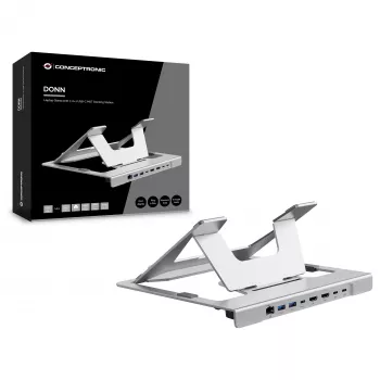 Conceptronic DONN35S Laptop-Ständer mit 7-in-1 USB-C Dockingstation, Dual-HDMI 4K60Hz, GbE, USB-C 5Gbps, 2x USB-A, 100W PD, Silber