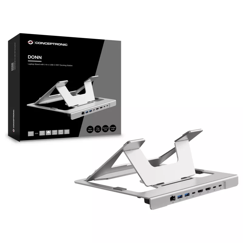 Conceptronic DONN35S Laptop-Ständer mit 7-in-1 USB-C Dockingstation, Dual-HDMI 4K60Hz, GbE, USB-C 5Gbps, 2x USB-A, 100W PD, Silber