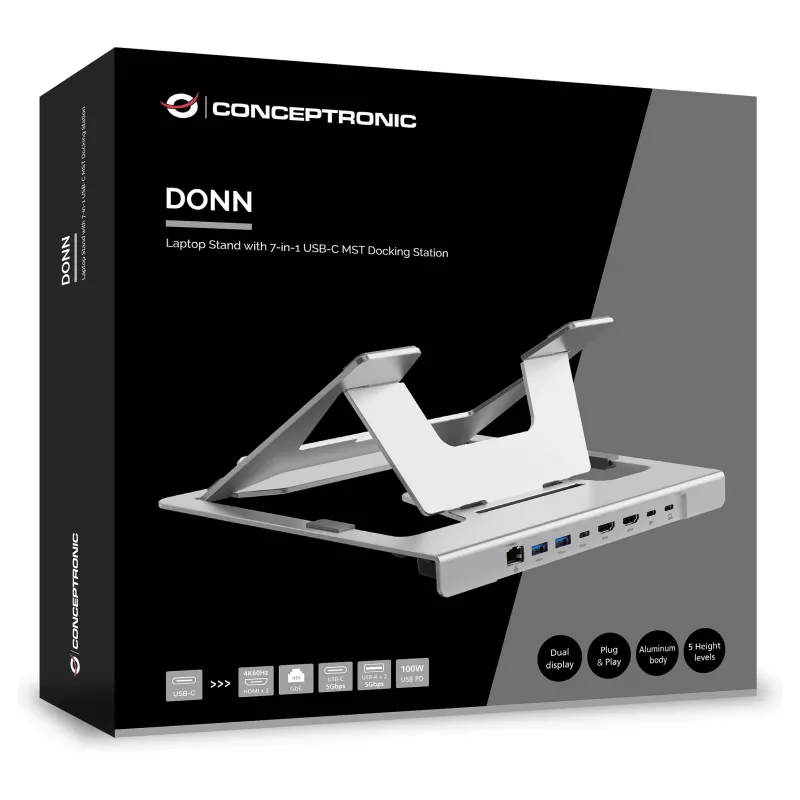 Conceptronic DONN35S Laptop-Ständer mit 7-in-1 USB-C Dockingstation, Dual-HDMI 4K60Hz, GbE, USB-C 5Gbps, 2x USB-A, 100W PD, Silber