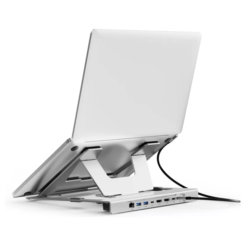 Conceptronic DONN35S Laptop-Ständer mit 7-in-1 USB-C Dockingstation, Dual-HDMI 4K60Hz, GbE, USB-C 5Gbps, 2x USB-A, 100W PD, Silber