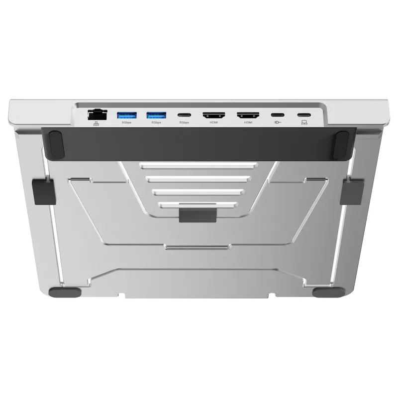 Conceptronic DONN35S Laptop-Ständer mit 7-in-1 USB-C Dockingstation, Dual-HDMI 4K60Hz, GbE, USB-C 5Gbps, 2x USB-A, 100W PD, Silber