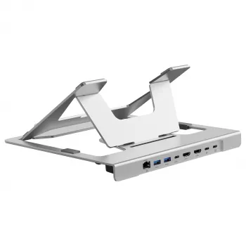 Conceptronic DONN35S Laptop-Ständer mit 7-in-1 USB-C Dockingstation, Dual-HDMI 4K60Hz, GbE, USB-C 5Gbps, 2x USB-A, 100W PD, Silber