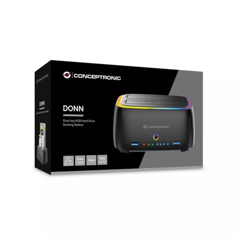 Conceptronic DONN36B 2-Bay SATA HDD/SSD Docking Station, USB 3.0, 2x USB-A, Schwarz