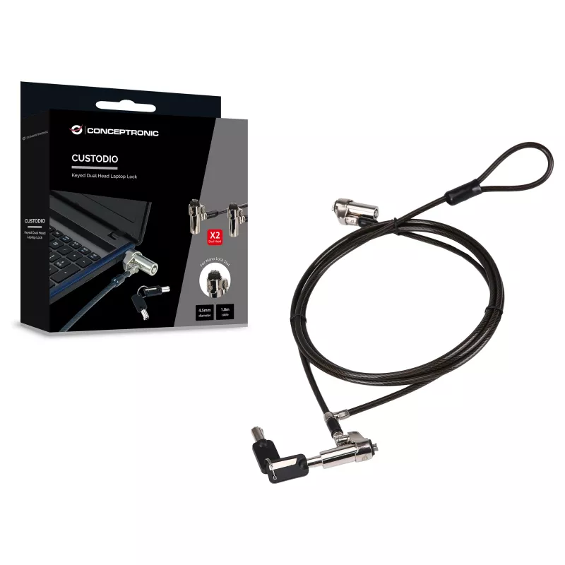 Conceptronic NBT Nano-Lock Dual Laptop-Vorhängeschloss, 4-stellig, 1,8 m Stahlkabel, Schwarz/Silber