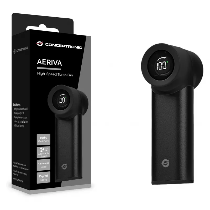 CONCEPTRONIC Turbo Handventilator Schwarz USB-C auf USB-A Aluminium 5V 3-Gang Wiederaufladbar 2000mAh