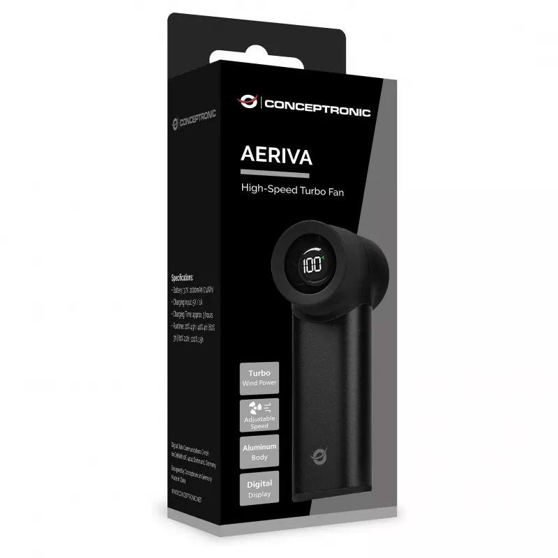 CONCEPTRONIC Turbo Handventilator Schwarz USB-C auf USB-A Aluminium 5V 3-Gang Wiederaufladbar 2000mAh