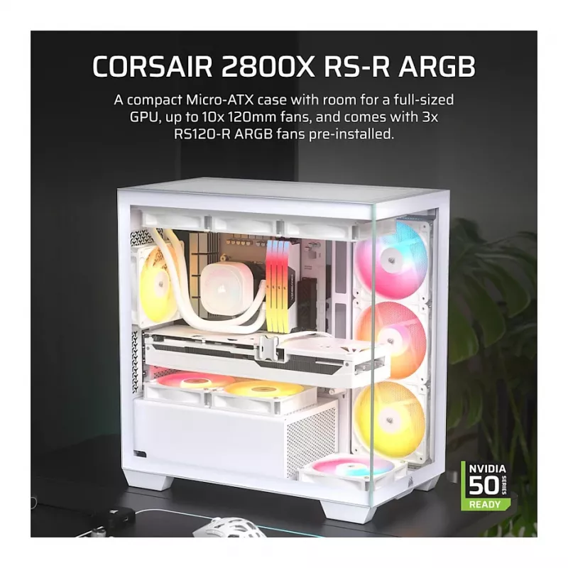 CORSAIR 2800X RS-R ARGB Micro-ATX Dual Chamber Cube Case, Weiß, mit Panorama-Temperglas und 2x LL120 RGB-Lüftern