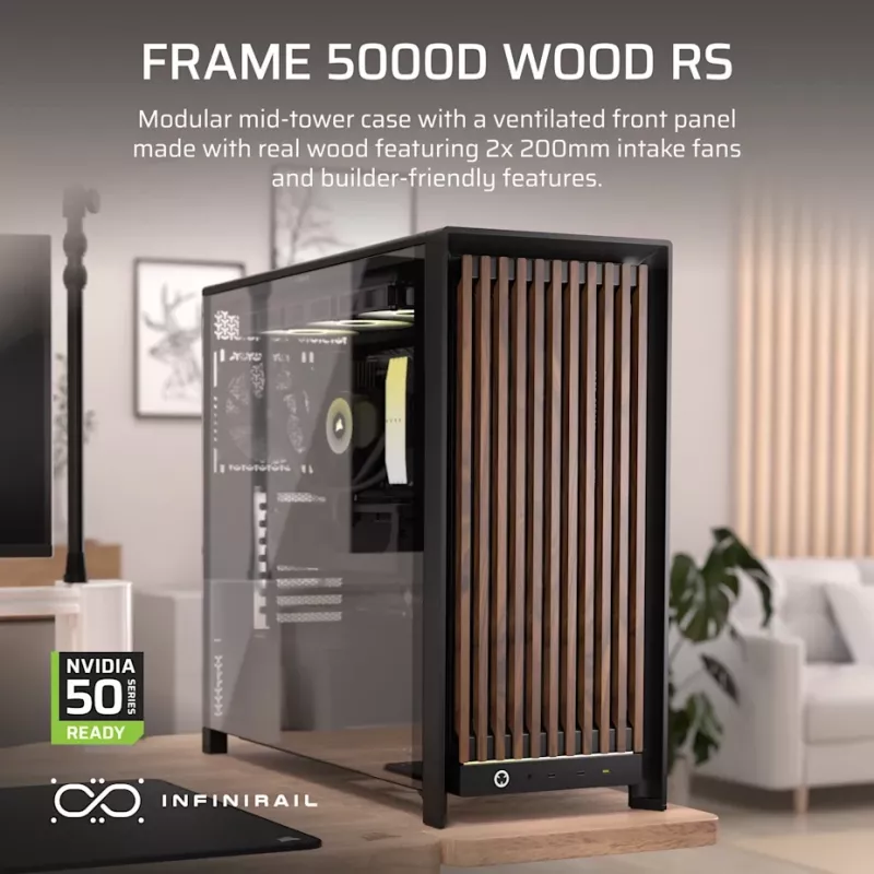 Corsair FRAME 5000D WOOD RS Mid-Tower PC-Gehäuse, Schwarz/Walnuss, E-ATX, ATX, Micro-ATX, Mini-ITX, Stahl/Tempered Glass/Kunststoff/Walnussholz, Gaming