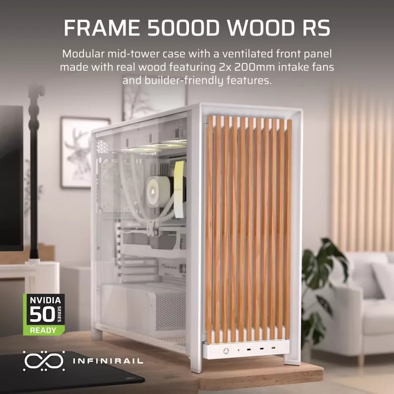 Corsair FRAME 5000D WOOD RS Mid-Tower PC-Gehäuse, Weiß/Nussbaum, gehärtetes Glas, ATX, E-ATX, Micro-ATX, Mini-ITX, Stahl/Kunststoff, Gaming