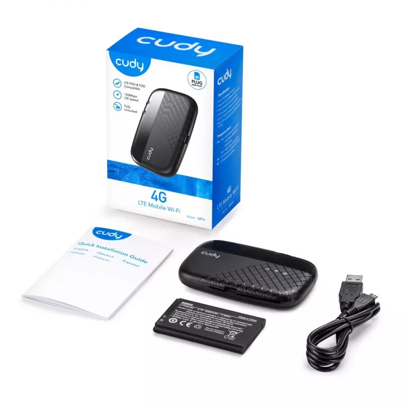 Cudy MF4 4G LTE Mobiler WLAN-Hotspot-Router, 300 Mbit/s Single-Band 2.4 GHz, Bis zu 10 Geräte, 2000 mAh Akku, Schwarz