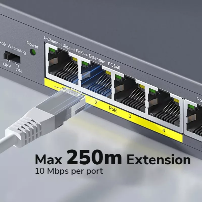 CUDY POE40 4-Port PoE Switch/Extender mit 1 Uplink, 802.3af/at, 250m Extend, Metallgehäuse