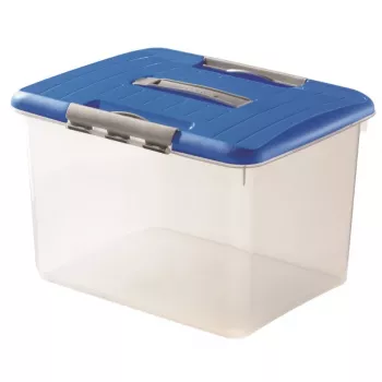 CURVER Hobby Optima 30L Aufbewahrungsbox mit Deckel und Griff, transparenter Boden mit blauem Deckel, 42,8 x 34 x 28,1 cm
