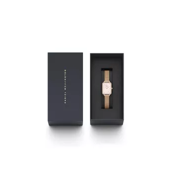 DANIEL WELLINGTON Quadro Damenuhr DW00100669 - 20 mm Roségold-Gehäuse, schwarzes Lederarmband