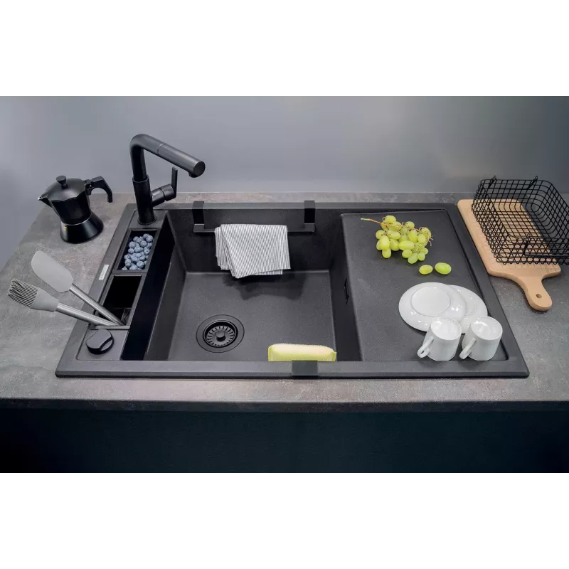 DEANTE 1-Bowl Magnetic Granite Sink with Drainer Graphite Metallic