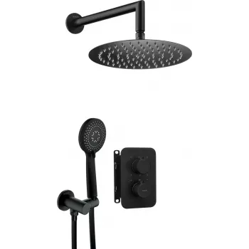 DEANTE Unterputz-Duschset mit Thermostat-BOX, Matt Schwarz, 2 Abgänge, Regendusche 250 mm
