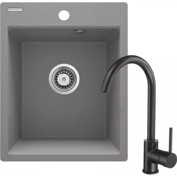 DEANTE Granit-Verbundstoff Küchenspüle mit Armatur – 1 Becken, Graphit, 440x440 mm