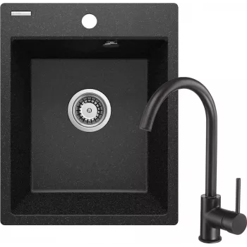 DEANTE Granite Composite Kitchen Sink with Single-Lever Faucet, 1 Bowl, Black, 580x490 mm