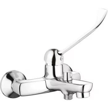 DEANTE Wandmontierte Badarmatur mit Klinikhebel, Chrom, Messing, Einhebelmischer, 150 mm Anschlussabstand, mit Brauseset